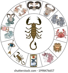 Scorpio vector of Astrology design.horoscope circle with signs of zodiac set vector.signs such as a aries, taurus, gemini, cancer, leo, virgo, libra, scorpio, sagittarius, capricorn,aquarius, pisces.