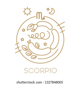 Scorpio. Vector signs of the zodiac in circles of golden color on a white background, logo, tattoo or illustration. Astrological forecast, food horoscope for children for a single sign. 