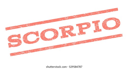Scorpio watermark stamp. Text tag between parallel lines with grunge design style. Rubber seal stamp with dirty texture. Vector salmon color ink imprint on a white background.