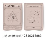 Scorpio. Witchcraft cards with astrology zodiac sign and constellation. Modern boho astrology posters. Perfect for tarot readers and astrologers. Vector illustration.