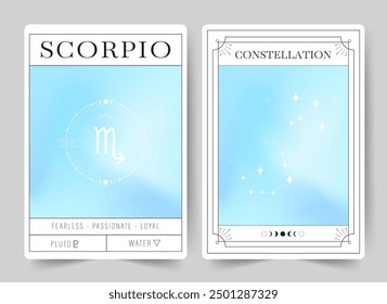 Scorpio. Witchcraft cards with astrology zodiac sign and constellation. Modern gradient blurred astrology posters in Y2k style. Perfect for tarot readers and astrologers. Vector illustration.