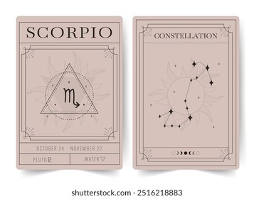 Escorpião. Cartões de bruxaria com signo e constelação do zodíaco da astrologia. Cartazes modernos de astrologia boho. Perfeito para leitores de tarô e astrólogos. Ilustração vetorial.