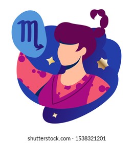 Scorpio woman zodiac and horoscope concept. Modern vector art with woman profile. Illustration for horoscope and astrology apps, dating websites, astrology predictions.