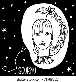 Scorpio. Woman with zodiac sign. Stars, astrological, constellation, beauty, female. Hand drawn vector illustration of the girl. Sketch style, black and white