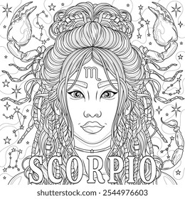 Scorpio Woman.Astrological Zodiac Sign.Coloring book antistress for children and adults. Illustration isolated on white background.Zen-tangle style. Hand draw