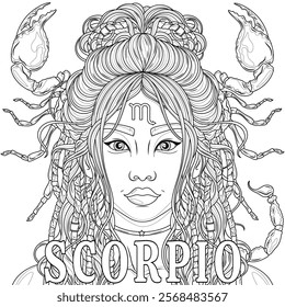 Scorpio Woman.Astrological Zodiac Sign.Coloring book antistress for children and adults. Illustration isolated on white background.Zen-tangle style. Hand draw