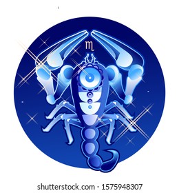 Scorpio zodiac astrological sign in round shape isolated on white background, in the Gothic style, horoscope with skulls, alchemy and occultism, vector illustration
