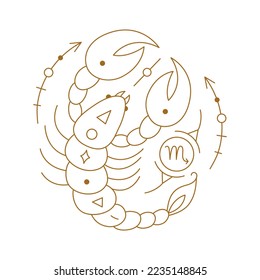 Scorpio zodiac astrology horoscope stylized sign thin line. Scorpion symbol of esoteric, zodiacal astrological calendar, horoscope constellation vector illustration