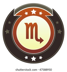 Scorpio zodiac astrology icon on round red and brown imperial vector button with star accents suitable for use on website, in print and promotional materials, and for advertising.