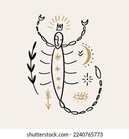 Scorpio Zodiac boho vector artistic abstract modern art, sacred stellar minimalist artisan hand drawn silhouette, mystical spell moon aesthetics bohemian hippie concept