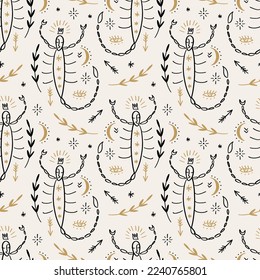 Scorpio Zodiac boho vector artistic abstract modern seamless pattern, sacred stellar minimalist artisan hand drawn silhouette, mystical spell moon aesthetics bohemian hippie concept surface