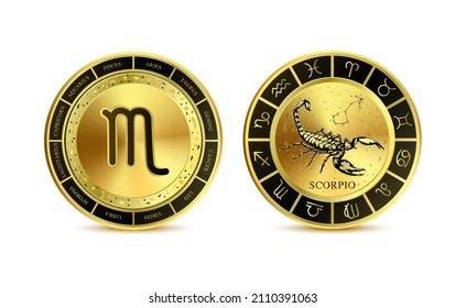 Scorpio zodiac coin isolated on a white background. Witchcraft astrology for zodiac constellations. Modern magic divination. Gold coins sign. Realistic 3D vector EPS10 illustration.