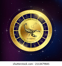 Scorpio zodiac coin. Witchcraft astrology for zodiac constellations. Modern magic divination. Gold coins sign isolated on a blue background esoteric. Realistic 3D vector EPS10 illustration.