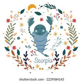 Scorpio Zodiac in a colorful wreath of leaves, flowers and stars around. Astrological Scorpio zodiac perfect for posters, logo, cards. Vector illustration.