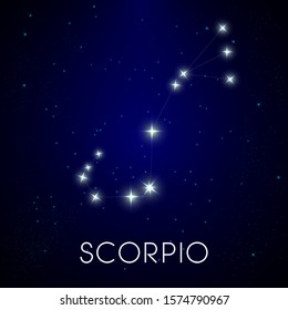 Scorpio zodiac constellation, astrological sign in starry night sky with galaxy and space behind vector. Horoscope symbol in deep cosmos, astrology and zodiacal system. Ancient calendar, galaxy map