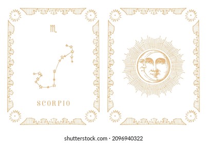 Scorpio zodiac constellation, drawn horoscope card in engraving style. Vintage illustration of astrological sign with Sun and Crescent in vector.
