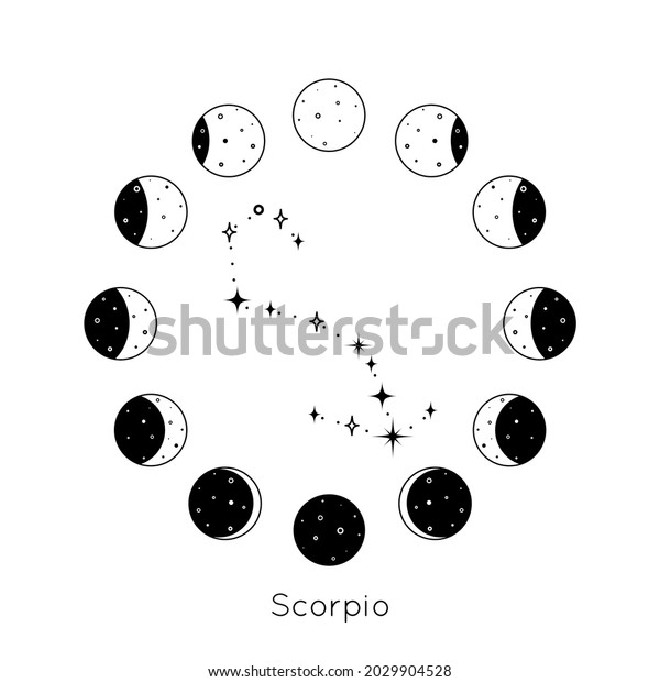 Scorpio\
zodiac constellation inside circular set of Moon phases. Black\
outline silhouette of stars. Vector\
illustration