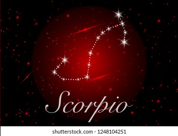 Scorpio zodiac constellations sign on beautiful starry sky with galaxy and space behind. Scorpio horoscope symbol constellation on deep cosmos background. vector red background 