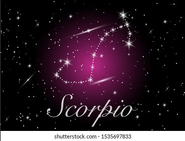 Scorpio zodiac constellations sign on beautiful starry sky with galaxy and space behind. Scorpio horoscope symbol constellation on deep purple cosmos background.