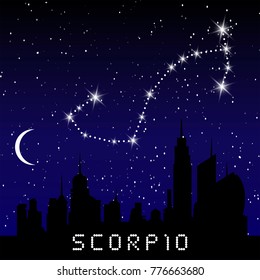 Scorpio zodiac constellations sign on beautiful starry sky with galaxy and space behind. Scorpio horoscope symbol constellation on deep cosmos background. vector