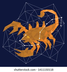 Scorpio zodiac golden vector sign on the dark blue background. Vector horoscope symbol scorpio for astrology predictions. Gold design zodiac sign of horoscope constellation vector stars