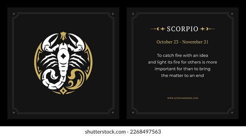 Scorpio zodiac horoscope fortune description with data vintage black card design template set vector illustration. Scorpion astrology lunar calendar mythology constellation celestial future prediction