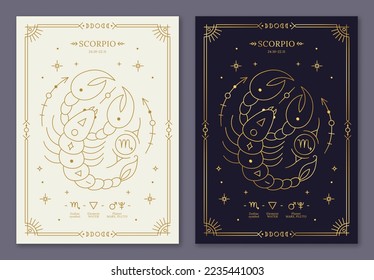 Scorpio zodiac horoscope golden signs on dark navy and white cards set. Stylized scorpion symbols of zodiacal astrological calendar, horoscope constellation, cover design thin line vector illustration