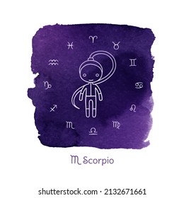 Scorpio Zodiac horoscope sign. Cute girl with twelve constellation icons on purple watercolor background. Vector hand drawn illustration