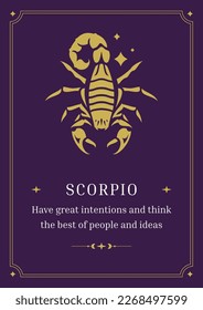 Scorpio zodiac horoscope symbol purple poster design template with description vector illustration. Scorpion dangerous amphibian poisonous mythology esoteric lunar calendar elegant ornate