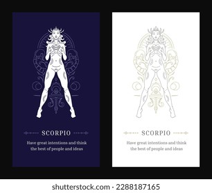 Scorpio zodiac mythology woman astrological symbol line art deco poster design template set vector illustration. Scorpion female goddess amphibian poisonous character lunar calendar description