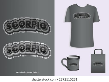 El color de potencia del zodiaco escorpio es negro. Camiseta de tipografía, bolsa de té y diseño de vasos para mercadería e impresión. Plantillas de maquillaje incluidas