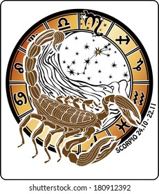 Scorpio zodiac sign. Around is circle of horoscope signs of zodiac constellation Virgo and stars. Vector illustration.