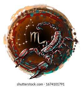 Scorpio. Zodiac sign. Artistic, color, hand-drawn image of the zodiac Scorpio with a symbol and star scheme in watercolor style on a white background.