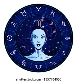 Scorpio zodiac sign artwork, beautiful girl face, horoscope symbol, star sign, vector illustration
