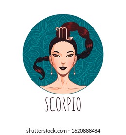 Scorpio zodiac sign artwork, beautiful girl face, horoscope symbol, star sign, vector illustration