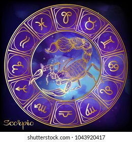 Scorpio Zodiac sign. Astrological horoscope collection. Gold on ultra violet space  background. Vector illustration