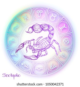 Scorpio Zodiac sign. Astrological horoscope collection. Violet on soft ultra violet space  background. Vector illustration