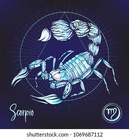 Scorpio Zodiac sign. Astrological horoscope collection. Multicolor on black dackground. Vector illustration