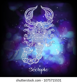 Scorpio Zodiac sign. Astrological horoscope collection. White on dark  blue and ultra violet space  background. Vector illustration