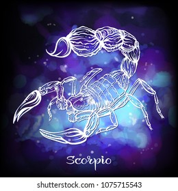 Scorpio Zodiac sign. Astrological horoscope collection. White on dark  blue and ultra violet space  background. Vector illustration