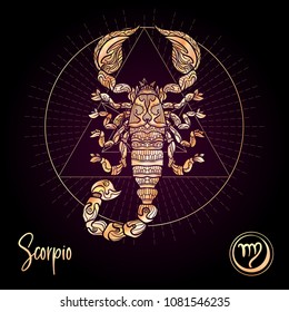 Scorpio Zodiac sign. Astrological horoscope collection. Rose gold on black dackground. Vector illustration