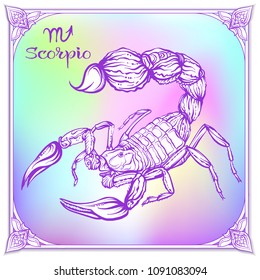 Scorpio Zodiac sign. Astrological horoscope collection. Violet on soft ultra violet space  background. Vector illustration