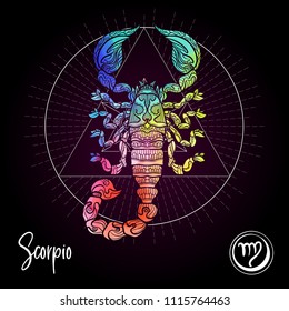 Scorpio Zodiac sign. Astrological horoscope collection. Multicolor on black dackground. Vector illustration