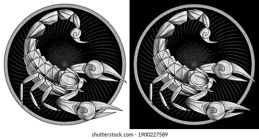 Scorpio zodiac sign, astrological, horoscope symbol. Pixel monochrome icon style. Stylized graphic black white scorpion, raised up sting, pincers, ready to attack. Portrait scorpio in circle. Vector.