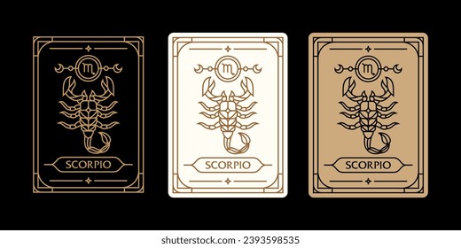 
scorpio zodiac sign astrology cards set , horoscope, tarot, fortune teller. Vintage mystical illustration outline hand drawing, magical esoteric horoscope templates for wall print poster