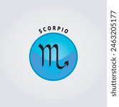 Scorpio Zodiac Sign Astrology Icon with Name on Light Background, Blue Color Button