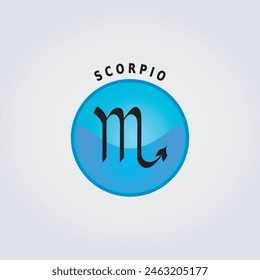 Escorpio signo del zodíaco ícono de la astrología con el nombre en el fondo claro, Botón de color azul