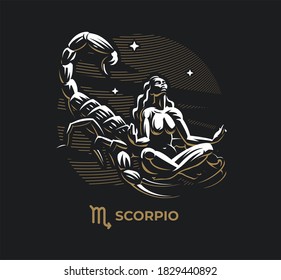 Scorpio zodiac sign. Zodiac, astrology, stars. A woman is riding a scorpion. Scorpion sting. Claws.