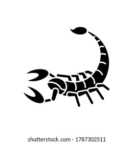 Scorpio zodiac sign black glyph icon. Astrological scorpion silhouette symbol on white space. Dangerous predatory arachnid. Poisonous animal with claws and long tail. Vector isolated illustration