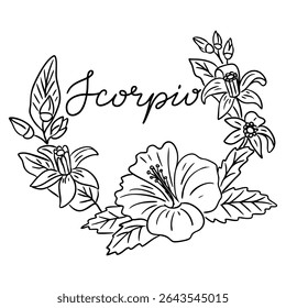 Scorpio zodiac sign with blooming flowers in a delicate wreath composition. Concept represents astrology, nature connection and personal identity through floral symbolism